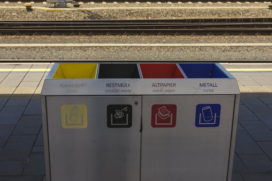 A multi-compartment waste sorting unit on a train platform at Balham Station, SW12, featuring four labeled sections for plastic, residual waste, waste paper, and metal. The container is made of stainless steel with coloured labels: yellow for plastic, black for residual waste, red for waste paper, and blue for metal. The waste bins are positioned on grey paving tiles, with the train tracks visible in the background and bright, natural daylight illuminating the scene. The area appears clean and well-maintained, reflecting professional hygiene standards, with no visible trash or debris around the bins. This image is associated with cleanerssw12.co.uk's office cleaning services in SW12, emphasizing surface hygiene and cleaning processes in public spaces, though the image itself depicts waste management at a train station.